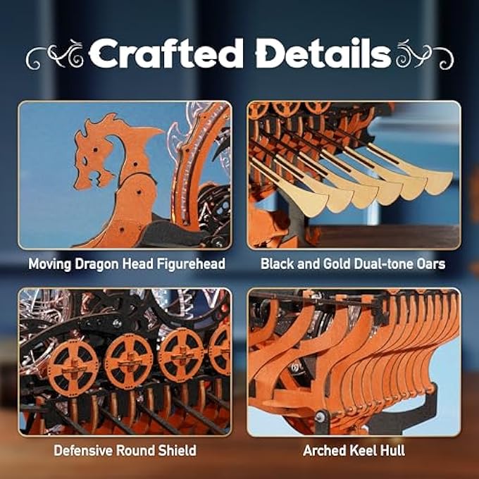 3D PUZZLE WOODEN MODEL KITS FOR ADULTS, BOAT WOODEN MODELS TO BUILD ADULTS, VIKING DRAGON SHIP WITH MOTOR AND LED LIGHT, MECHANICAL GEAR DRIVE, UNIQUE GIFTS SHIP LK802 - Image 4